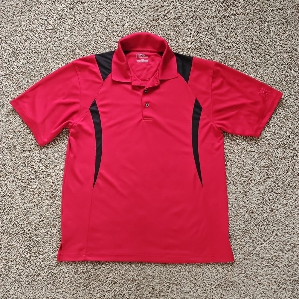 PGA TOUR‎ Polo Golf Shirt Short Sleeve Button Up Red Black Men's Large